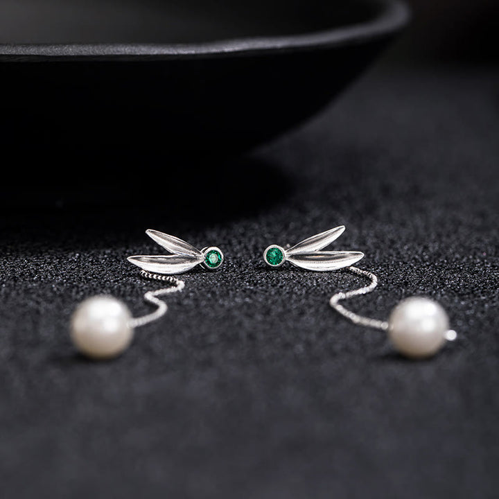 Buddha Stones 925 Srebro Sterling Cyrkon Perła Bambus Liście Ochrona Drop - image 6