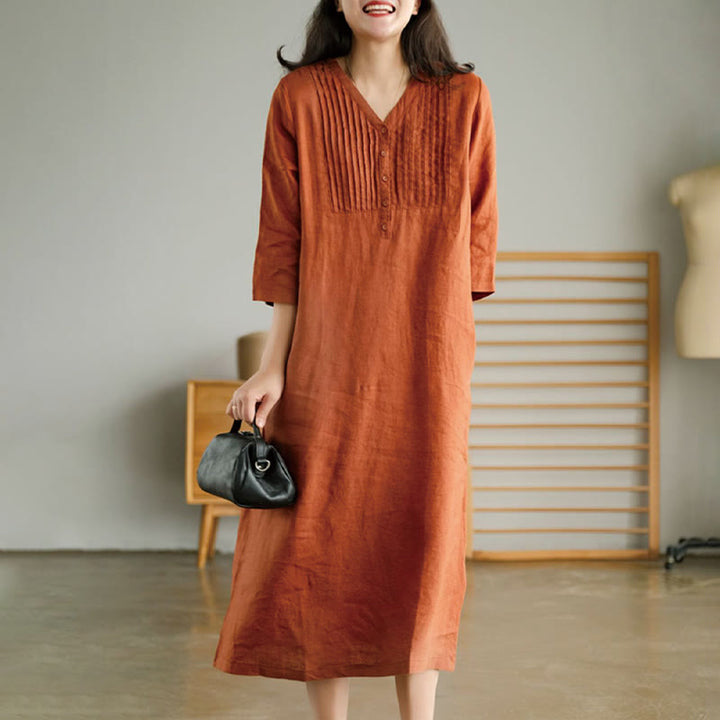 Sukienka midi z bawełny lnianej z kieszeniami i dekoltem w serek, z harmonijkowymi zakładkami i dekoltem w serek. - Koral - US12, UK/AU16, EU44 (3XL) - image 7