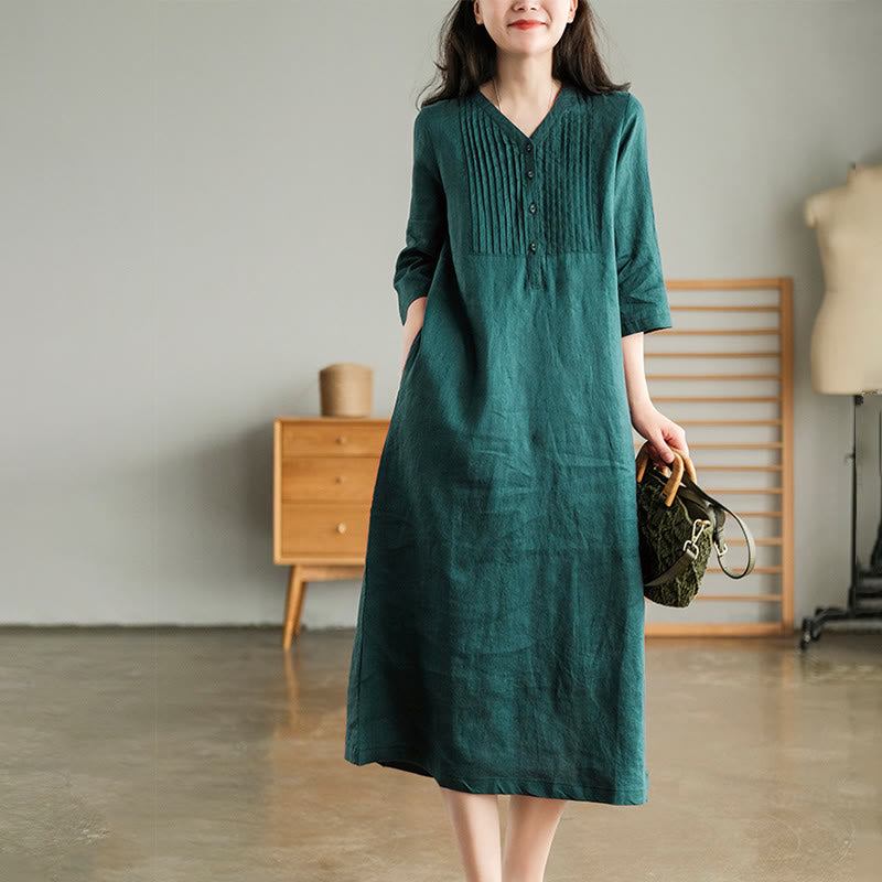 Sukienka midi z bawełny lnianej z kieszeniami i dekoltem w serek, z harmonijkowymi zakładkami i dekoltem w serek. - Cyraneczka - US12, UK/AU16, EU44 (3XL) - image 1