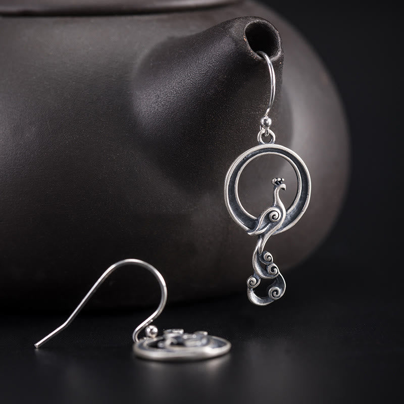 Kolczyki Buddha Stones 925 Sterling Silver Round Asymmetry Pawie Fortune