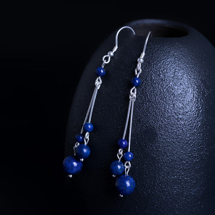 Kolczyki wiszące z Buddha Stones ze srebra próby 925 i koralikami lapis lazuli - image 5