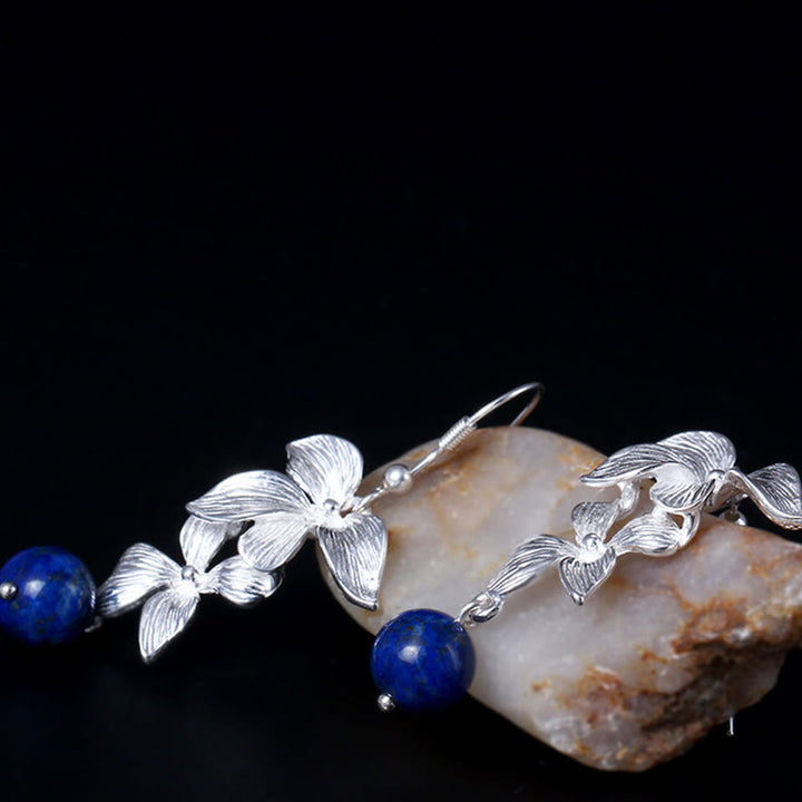 Kolczyki z Buddha Stones ze srebra próby 925, lazurytem i lapis lazuli w stylu etnicznym, z motywem kwiatów i pozytywną wiszącą ozdobą - image 1