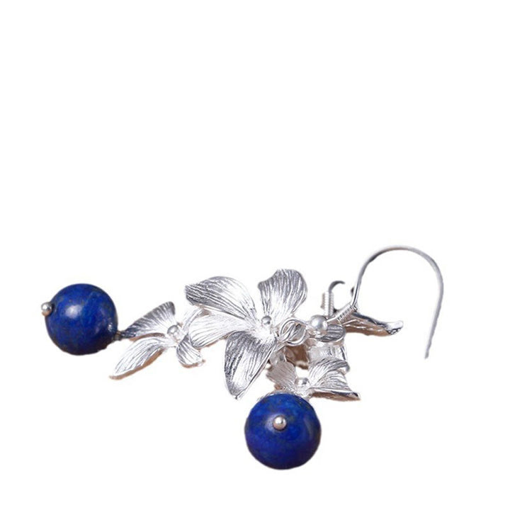 Kolczyki z Buddha Stones ze srebra próby 925, lazurytem i lapis lazuli w stylu etnicznym, z motywem kwiatów i pozytywną wiszącą ozdobą - image 7