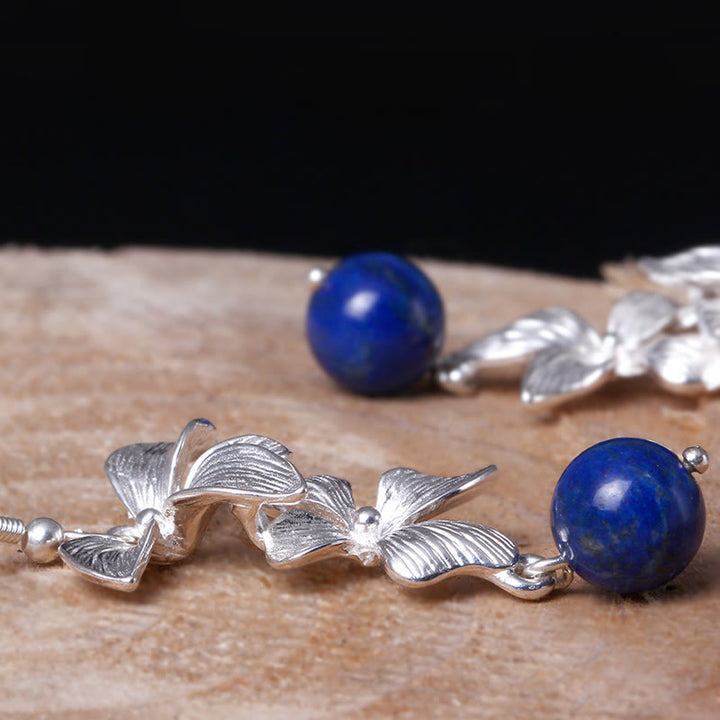 Kolczyki z Buddha Stones ze srebra próby 925, lazurytem i lapis lazuli w stylu etnicznym, z motywem kwiatów i pozytywną wiszącą ozdobą - image 5