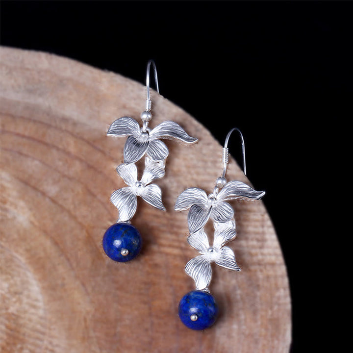 Kolczyki Buddha Stones 925 Srebro Sterling Lazuryt Etniczny Styl Kwiat Pozytywny Wiszące - image 2