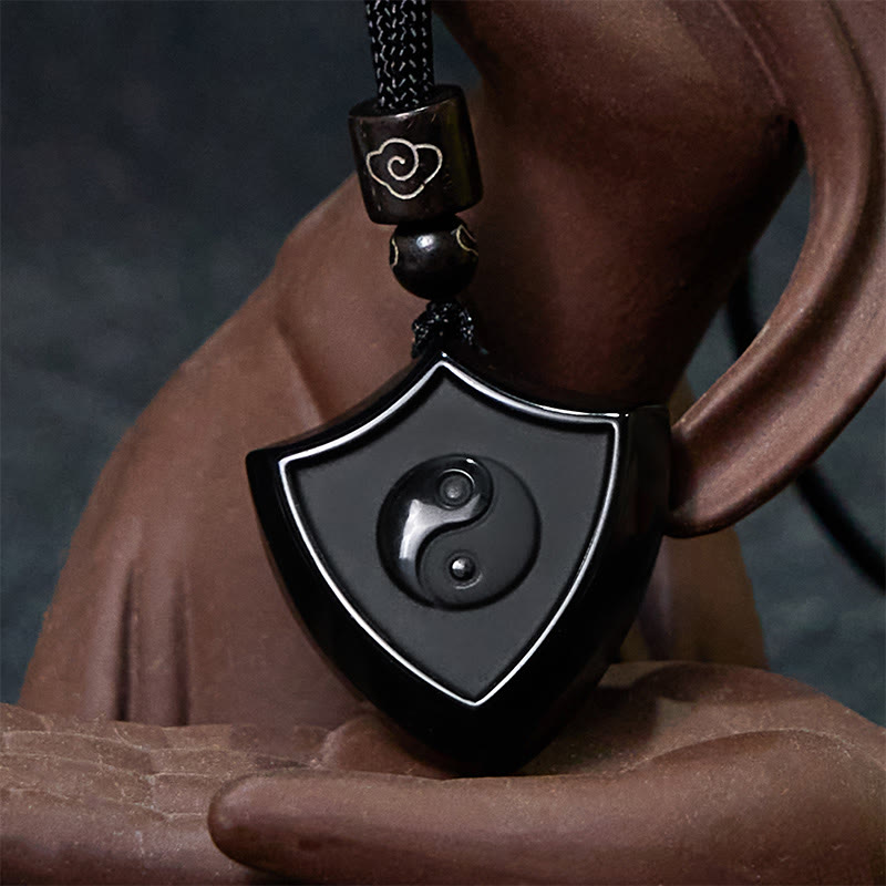 Buddha Stones Czarny Obsydian Wzór Tarczy Yin Yang Symbol Siły Naszyjnik Wisiorek - image 3