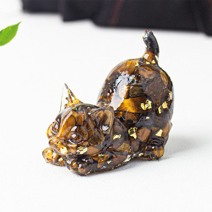 Buddha Stones Rozciągająca się żywica z kryształowym żwirem dla kota, dekoracja medytacyjna - Tygrysie oko - 4,5*3*4,2 cm - image 10