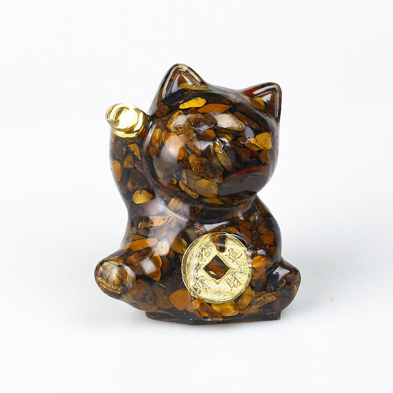 Buddha Stones Miedziana moneta "Szczęśliwy Kot" z turkusowym labradorytem i różowym kryształem, ametystem i siłą dekoracji domu - Tygrysie oko - Około 5,5*6*4 cm - image 14