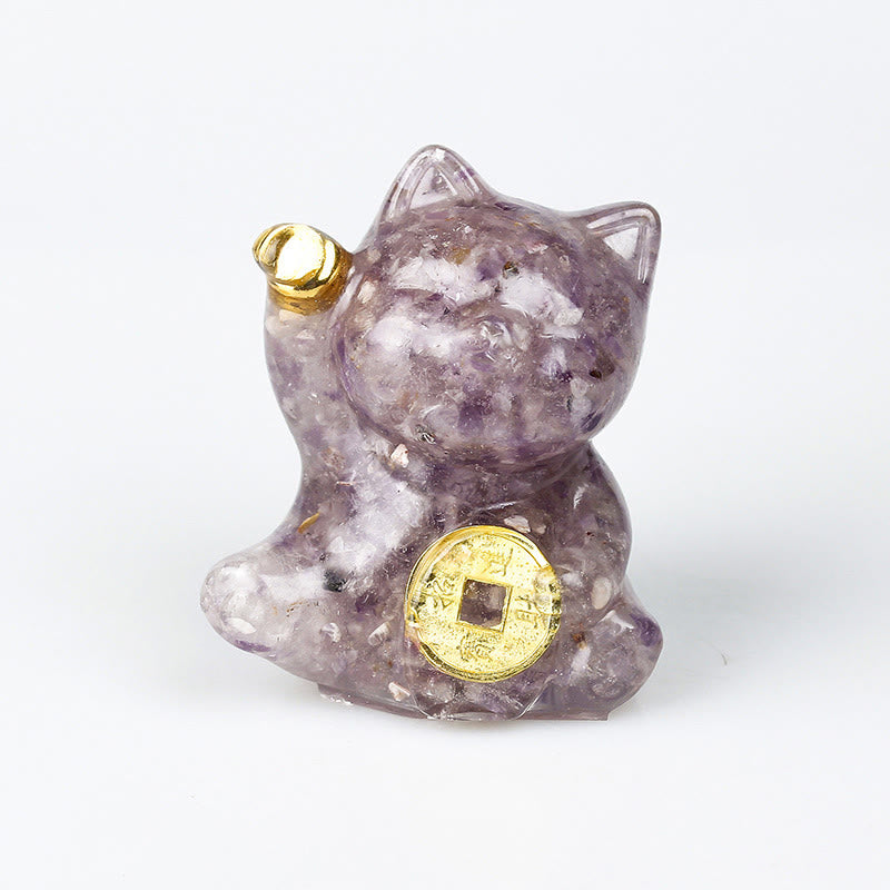 Buddha Stones Miedziana moneta "Szczęśliwy Kot" z turkusowym labradorytem i różowym kryształem, ametystem i siłą dekoracji domu - Ametyst - Około 5,5*6*4 cm - image 10