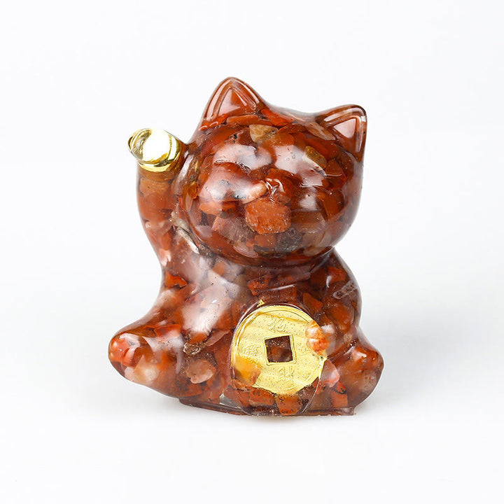 Buddha Stones Miedziana moneta "Szczęśliwy Kot" z turkusowym labradorytem i różowym kryształem, ametystem i siłą dekoracji domu - Czerwony Agat - Około 5,5*6*4 cm - image 17