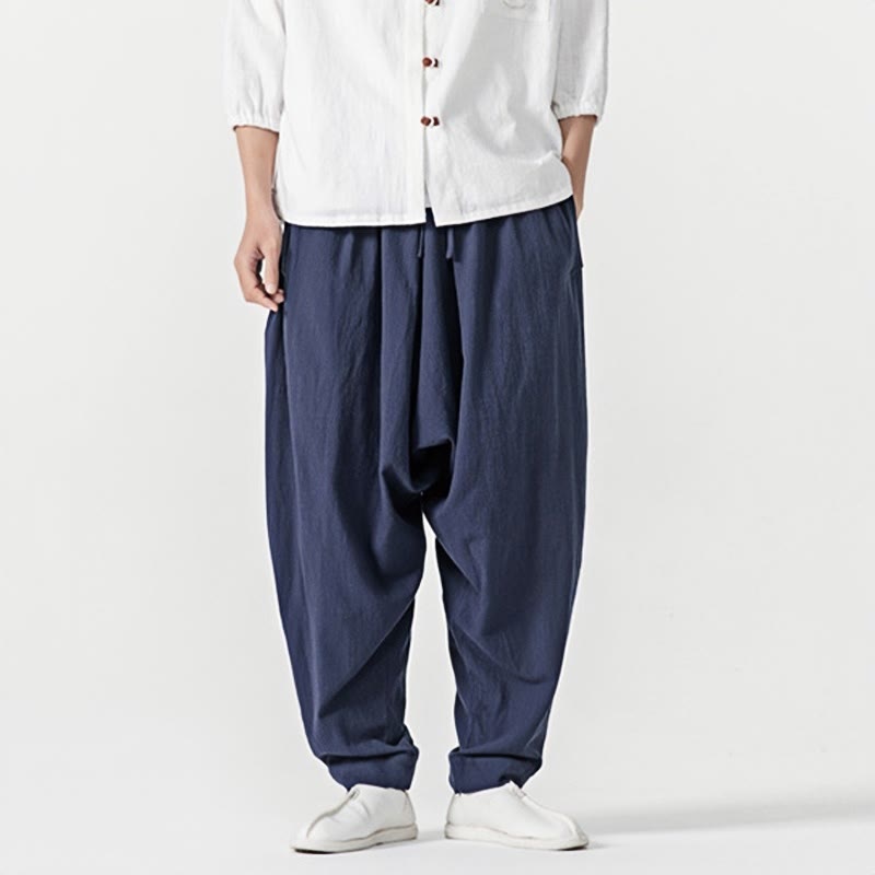 Spodnie haremowe męskie Buddha Stones Spring Solid Color Drawstring z kieszeniami - image 1