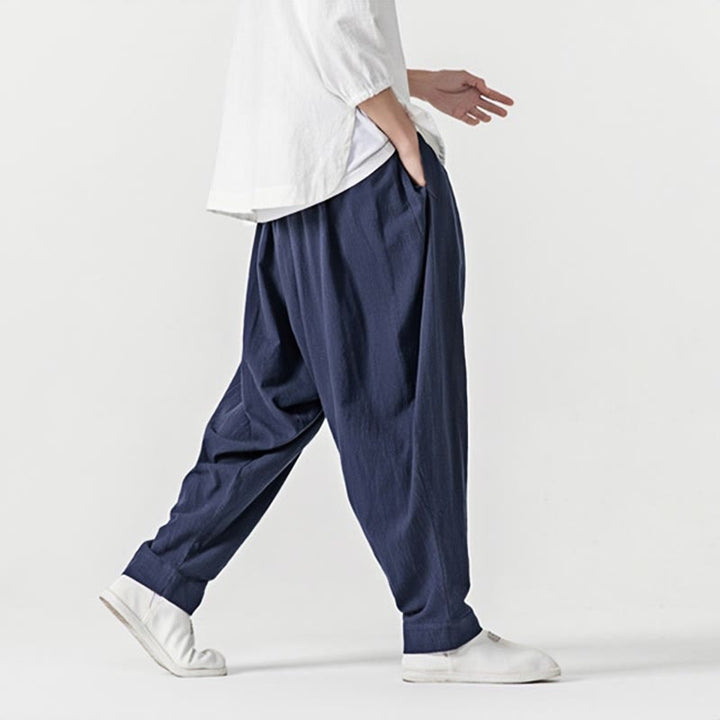 Spodnie haremowe męskie Buddha Stones Spring Solid Color Drawstring z kieszeniami - image 4