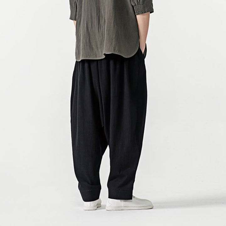 Spodnie haremowe męskie Buddha Stones Spring Solid Color Drawstring z kieszeniami - image 12