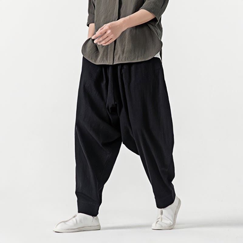 Spodnie haremowe męskie Buddha Stones Spring Solid Color Drawstring z kieszeniami