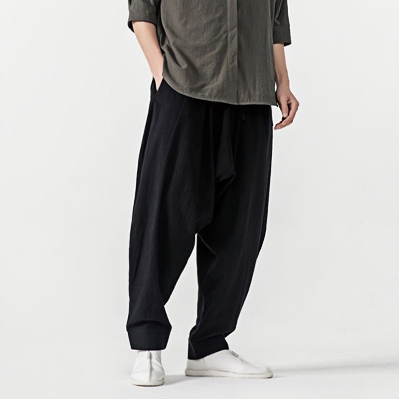Spodnie haremowe męskie Buddha Stones Spring Solid Color Drawstring z kieszeniami