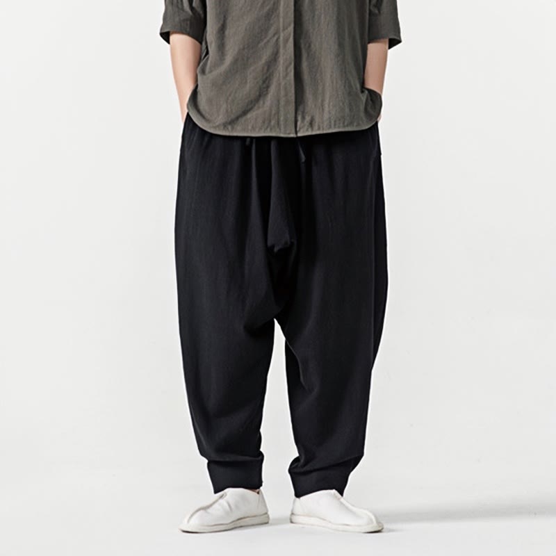 Spodnie haremowe męskie Buddha Stones Spring Solid Color Drawstring z kieszeniami - image 9