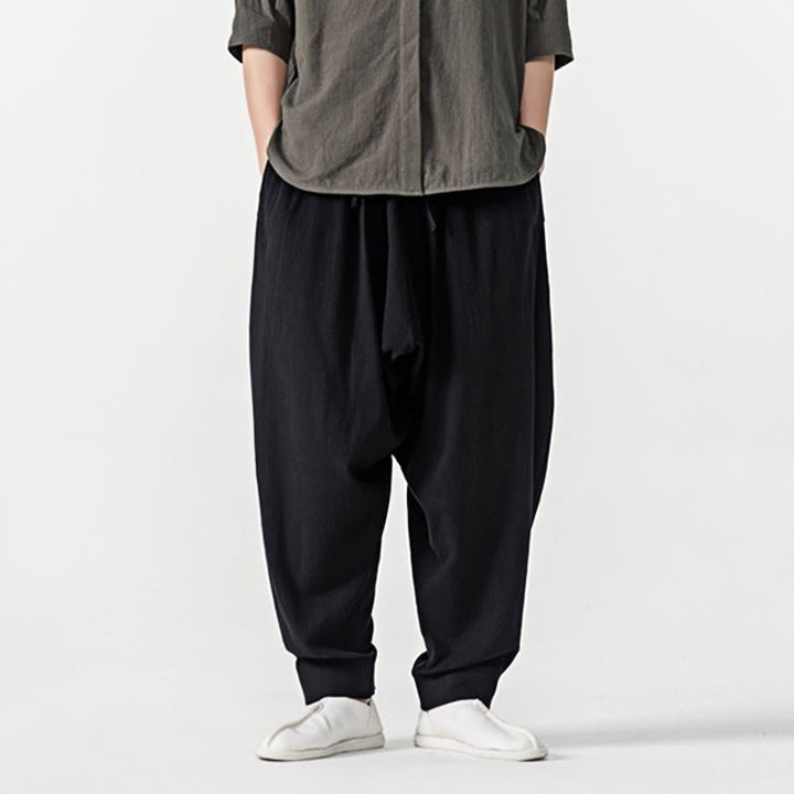 Spodnie haremowe męskie Buddha Stones Spring Solid Color Drawstring z kieszeniami - image 9
