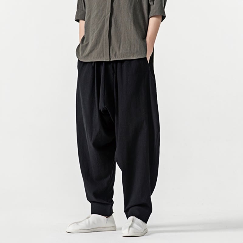 Spodnie haremowe męskie Buddha Stones Spring Solid Color Drawstring z kieszeniami - image 15