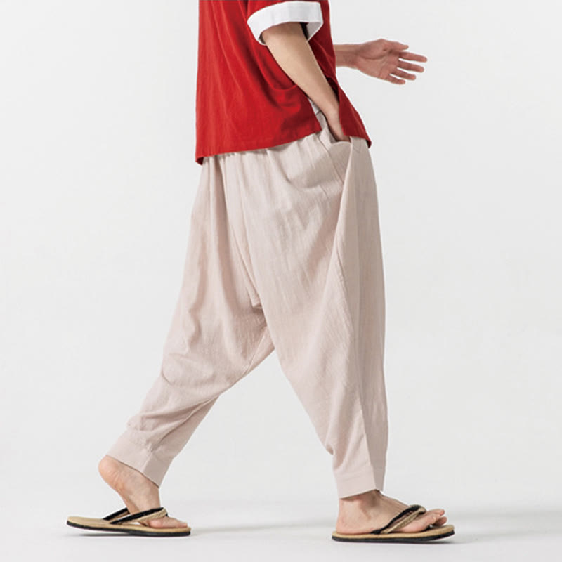 Spodnie haremowe męskie Buddha Stones Spring Solid Color Drawstring z kieszeniami