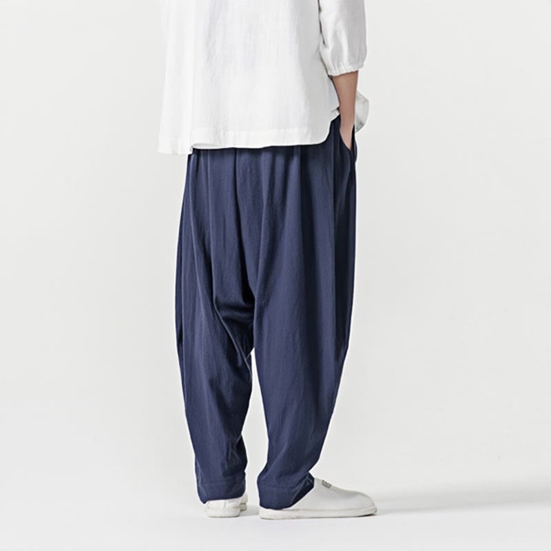 Spodnie haremowe męskie Buddha Stones Spring Solid Color Drawstring z kieszeniami - image 3