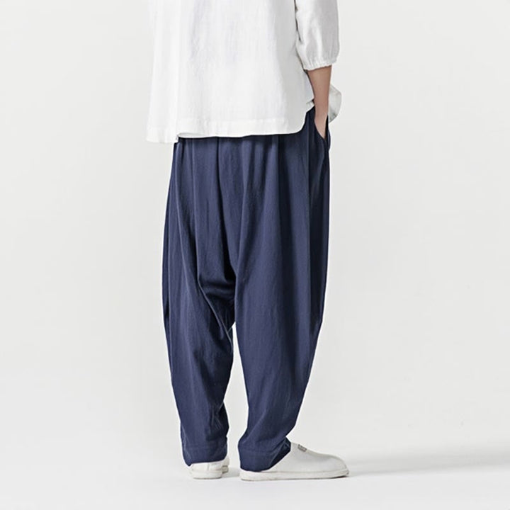 Spodnie haremowe męskie Buddha Stones Spring Solid Color Drawstring z kieszeniami - image 3