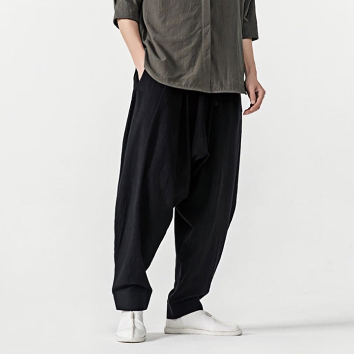 Spodnie haremowe męskie Buddha Stones Spring Solid Color Drawstring z kieszeniami - image 16