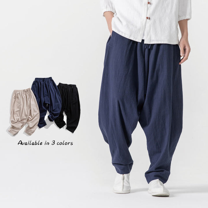 Spodnie haremowe męskie Buddha Stones Spring Solid Color Drawstring z kieszeniami