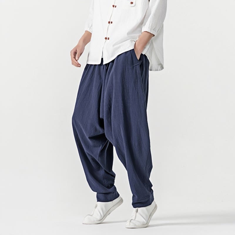 Spodnie haremowe męskie Buddha Stones Spring Solid Color Drawstring z kieszeniami - image 5