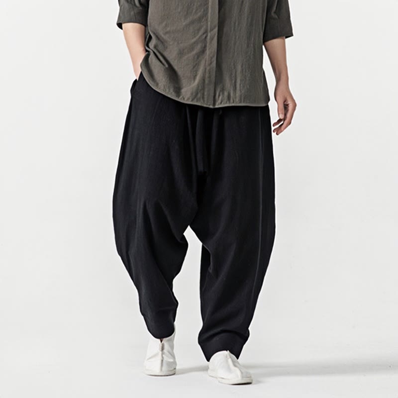 Spodnie haremowe męskie Buddha Stones Spring Solid Color Drawstring z kieszeniami