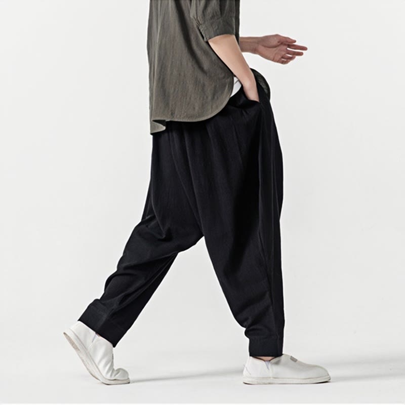 Spodnie haremowe męskie Buddha Stones Spring Solid Color Drawstring z kieszeniami