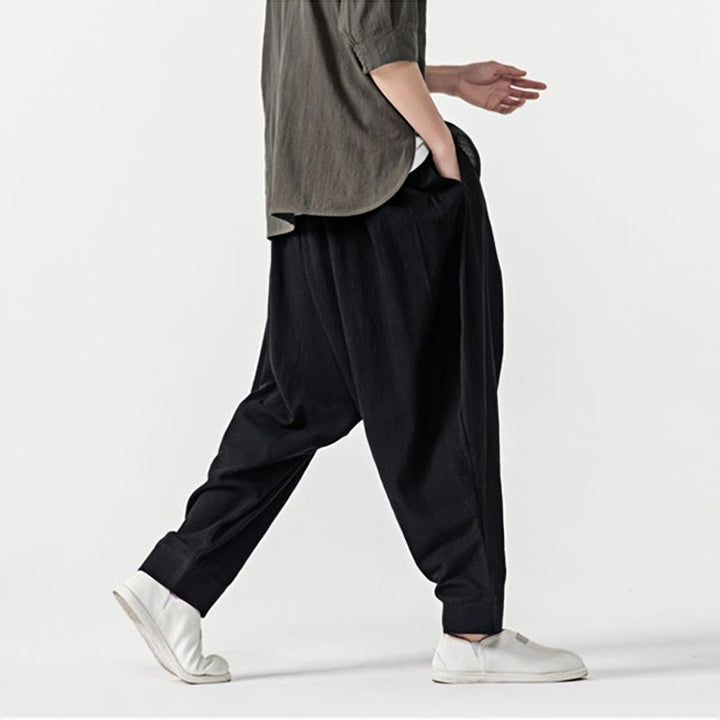 Spodnie haremowe męskie Buddha Stones Spring Solid Color Drawstring z kieszeniami