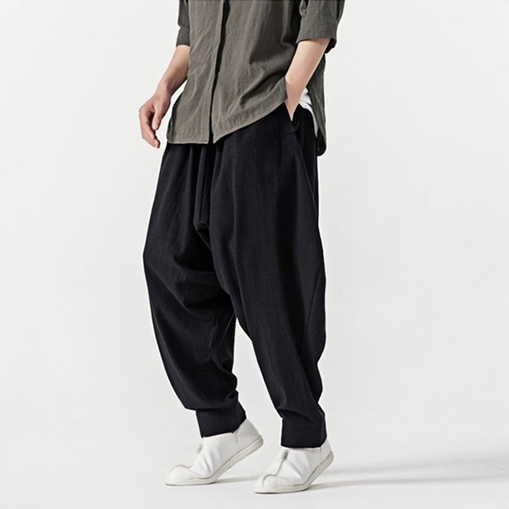 Spodnie haremowe męskie Buddha Stones Spring Solid Color Drawstring z kieszeniami - image 14