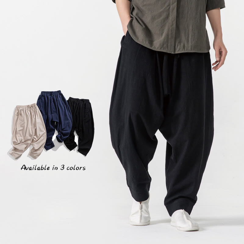 Spodnie haremowe męskie Buddha Stones Spring Solid Color Drawstring z kieszeniami
