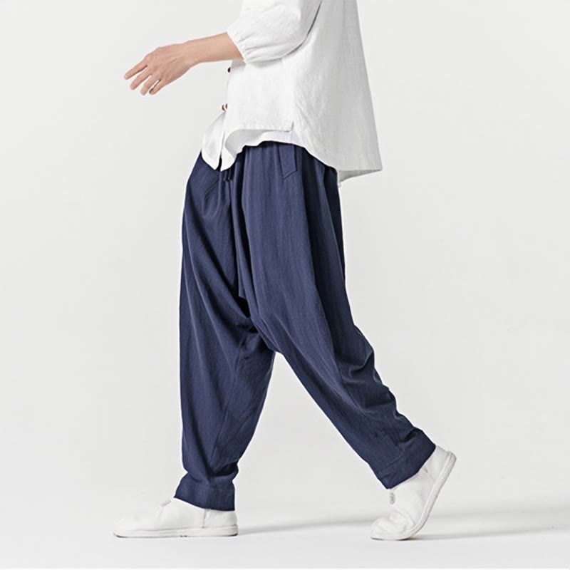 Spodnie haremowe męskie Buddha Stones Spring Solid Color Drawstring z kieszeniami - image 7