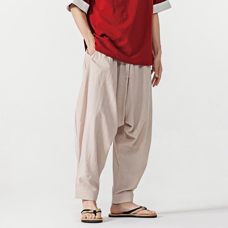 Spodnie haremowe męskie Buddha Stones Spring Solid Color Drawstring z kieszeniami