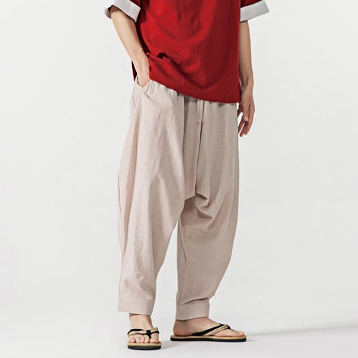Spodnie haremowe męskie Buddha Stones Spring Solid Color Drawstring z kieszeniami