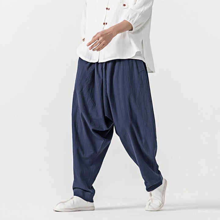 Spodnie haremowe męskie Buddha Stones Spring Solid Color Drawstring z kieszeniami - image 2