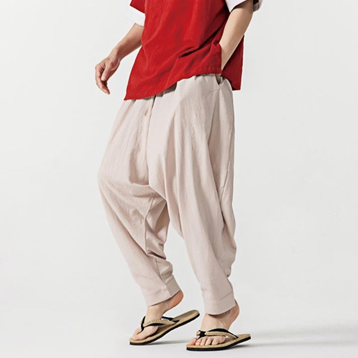 Spodnie haremowe męskie Buddha Stones Spring Solid Color Drawstring z kieszeniami
