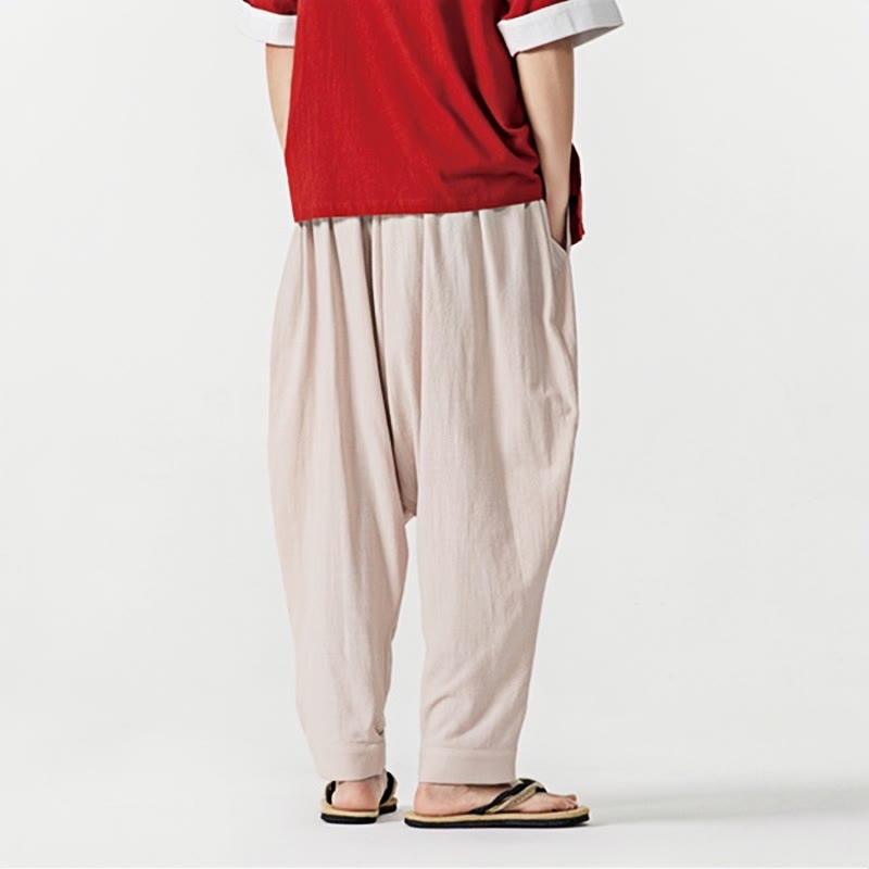 Spodnie haremowe męskie Buddha Stones Spring Solid Color Drawstring z kieszeniami
