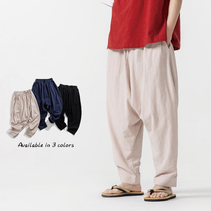 Spodnie haremowe męskie Buddha Stones Spring Solid Color Drawstring z kieszeniami