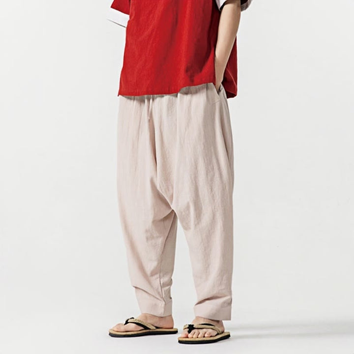 Spodnie haremowe męskie Buddha Stones Spring Solid Color Drawstring z kieszeniami - image 25