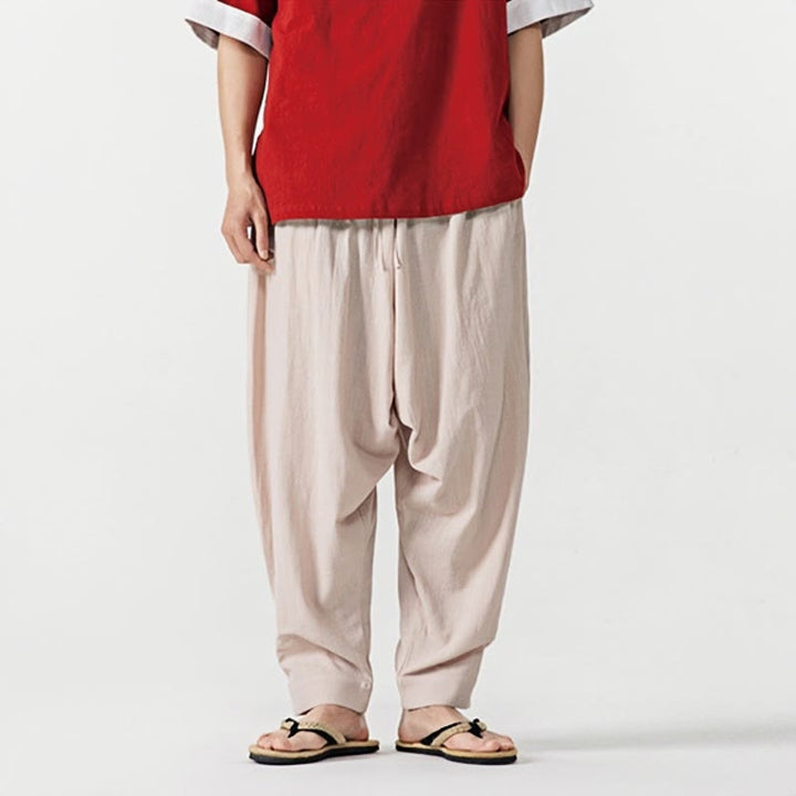 Spodnie haremowe męskie Buddha Stones Spring Solid Color Drawstring z kieszeniami - image 19
