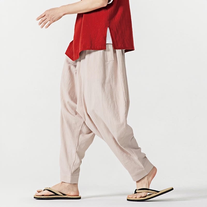 Spodnie haremowe męskie Buddha Stones Spring Solid Color Drawstring z kieszeniami