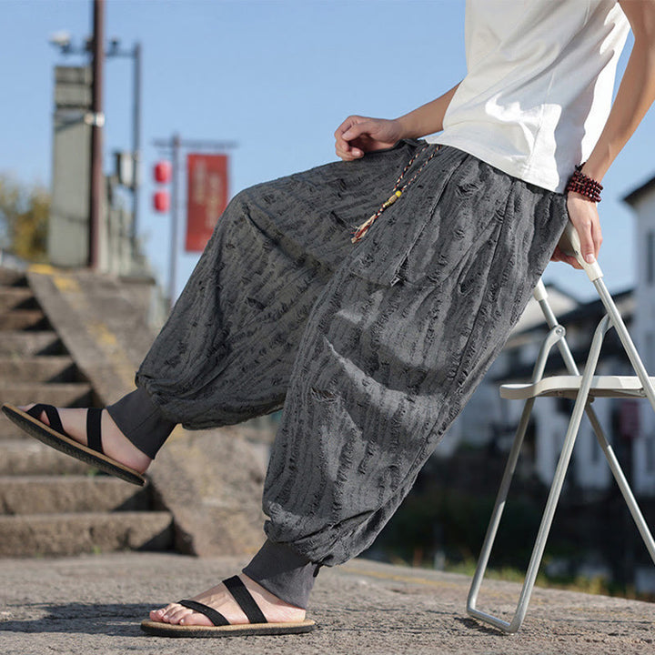 Buddha Stones Jednokolorowe Spodnie Męskie Z Dziurami Z Sznurkiem Z Kieszeniami Z Szerokimi Nogawkami Z Bawełny - image 6
