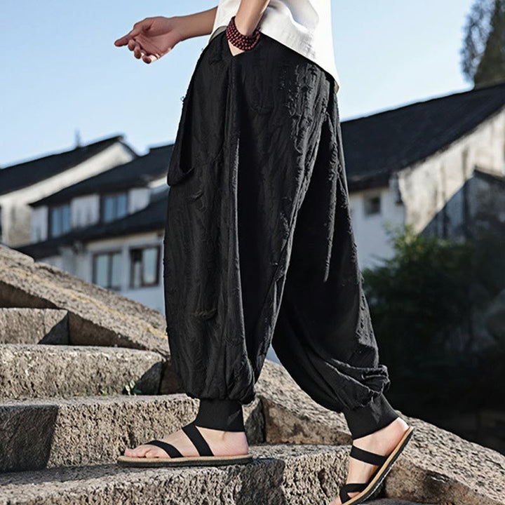 Buddha Stones Jednokolorowe Spodnie Męskie Z Dziurami Z Sznurkiem Z Kieszeniami Z Szerokimi Nogawkami Z Bawełny - image 12