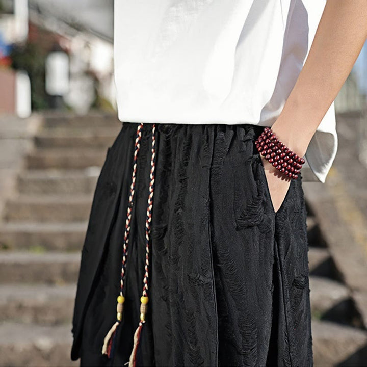 Buddha Stones Jednokolorowe Spodnie Męskie Z Dziurami Z Sznurkiem Z Kieszeniami Z Szerokimi Nogawkami Z Bawełny - image 18