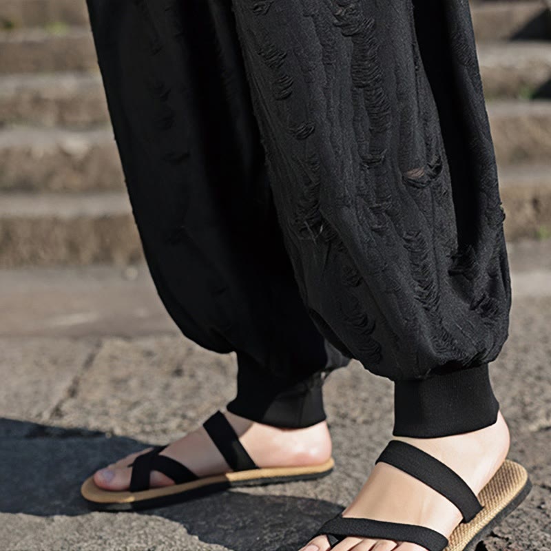 Buddha Stones Jednokolorowe Spodnie Męskie Z Dziurami Z Sznurkiem Z Kieszeniami Z Szerokimi Nogawkami Z Bawełny - image 21