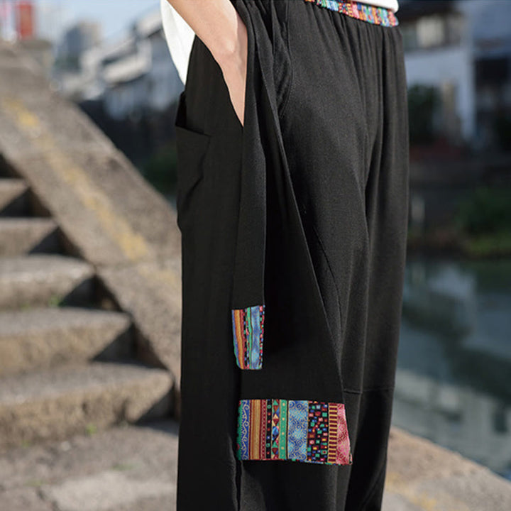 Buddha Stones Proste Patchworkowe Wzory Ściągane Bawełniane Spodnie Męskie Szerokie Nogawki Z Kieszeniami - image 12