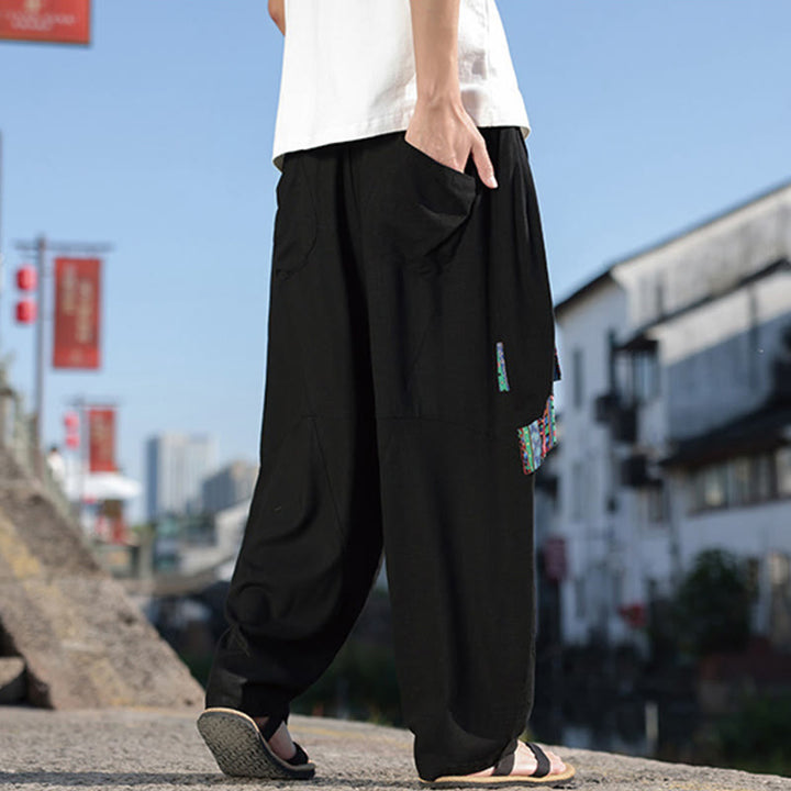 Buddha Stones Proste Patchworkowe Wzory Ściągane Bawełniane Spodnie Męskie Szerokie Nogawki Z Kieszeniami - image 3