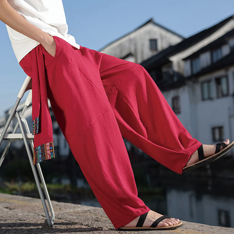 Buddha Stones Proste Patchworkowe Wzory Ściągane Bawełniane Spodnie Męskie Szerokie Nogawki Z Kieszeniami - image 24